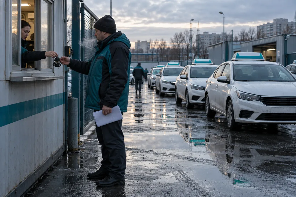 Аренда авто под такси: водитель получает ключи у окошка диспетчерской, рядом ряд белых машин с фонарями