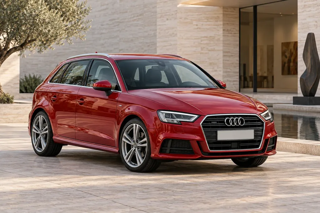 Красная Audi A3 Sportback во дворе галереи