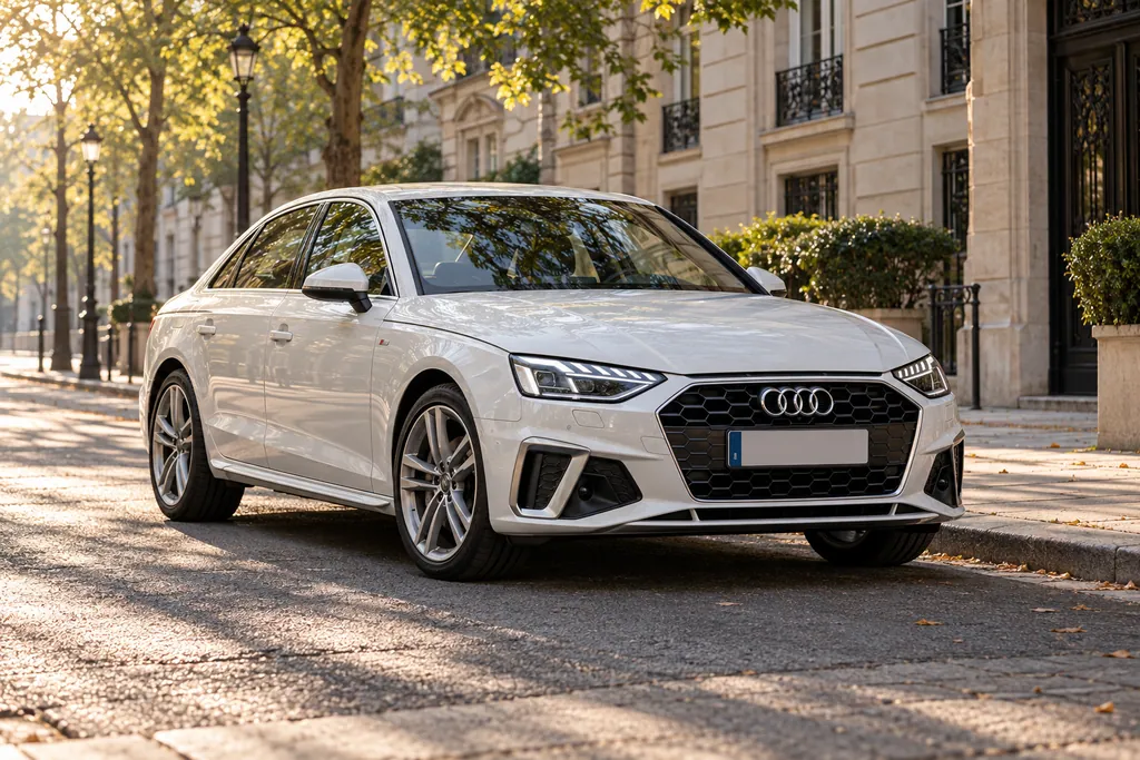 Белая Audi A4 на тихом бульваре