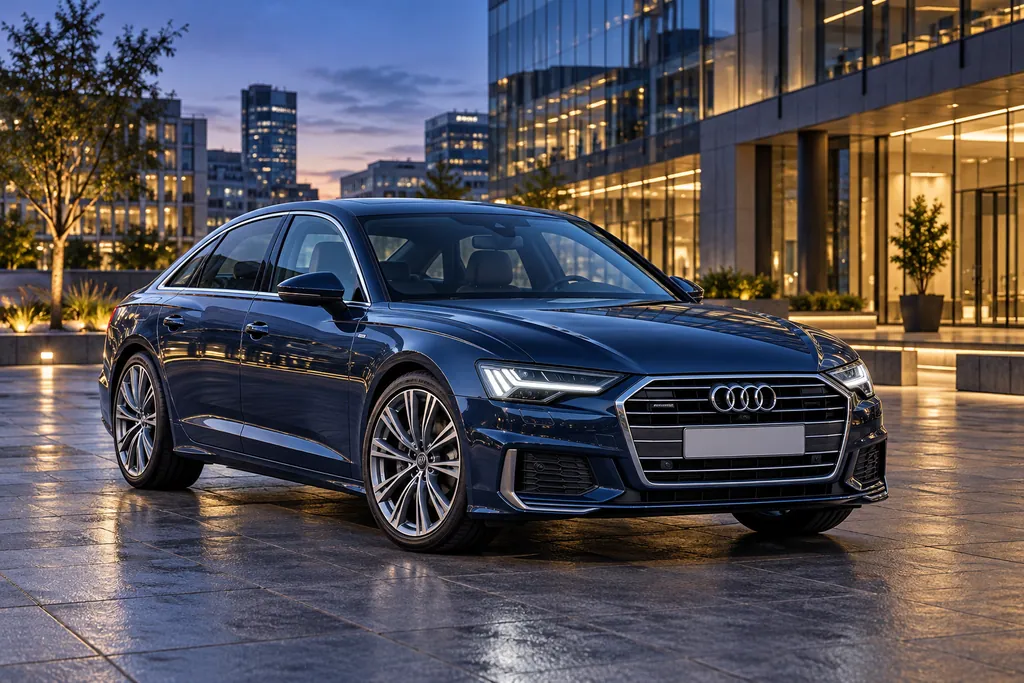 Тёмно-синий седан Audi A6 у делового квартала