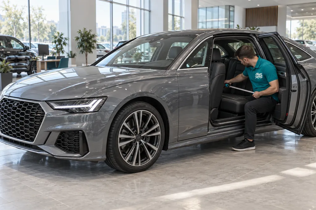 Audi из Китая: сотрудник МироМобиля рулеткой меряет второй ряд серого длиннобазного седана Audi A6 L в шоуруме