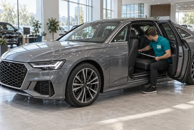 Audi из Китая: сотрудник МироМобиля рулеткой меряет второй ряд серого длиннобазного седана Audi A6 L в шоуруме