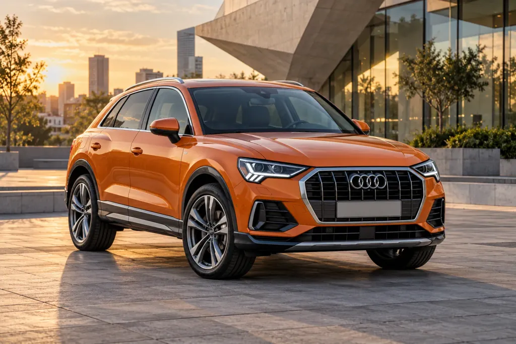 Оранжевая Audi Q3 у современной архитектуры