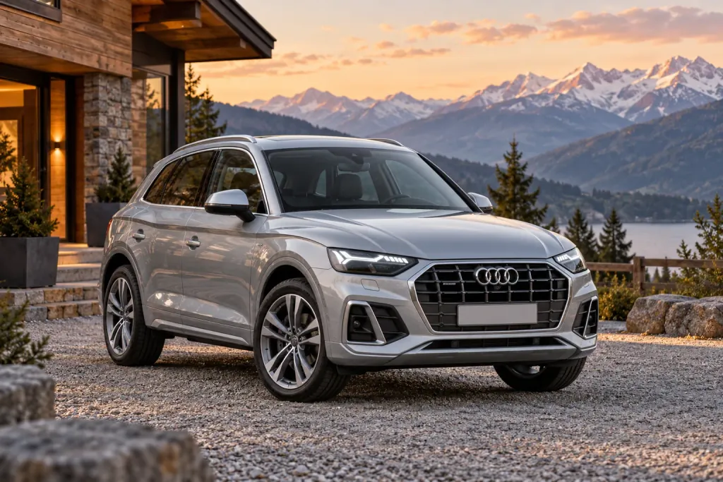 Серебристая Audi Q5 у горного дома