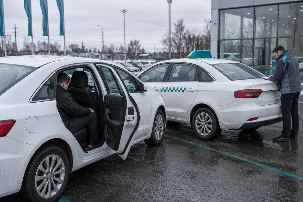 Авто для такси: водитель проверяет место на заднем сиденье белого седана у дилера, рядом седан с фонарём такси