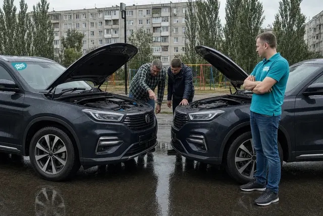 Отзывы об авто из Китая: двое владельцев одинаковых кроссоверов смотрят под капот, рядом стоит сотрудник МироМобиля