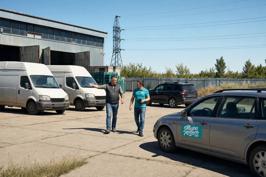 Что такое лизинг автомобиля: владелец фирмы показывает сотруднику МироМобиля на белые фургоны у склада