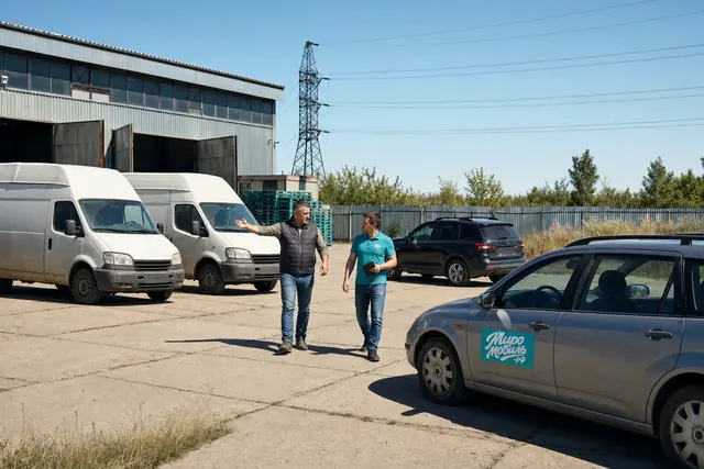 Что такое лизинг автомобиля: владелец фирмы показывает сотруднику МироМобиля на белые фургоны у склада
