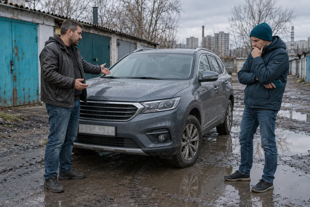 Авто без растаможки: продавец расхваливает серый кроссовер у гаражей, покупатель в шапке сомневается