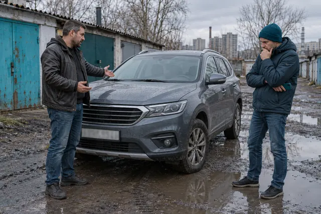 Авто без растаможки: продавец расхваливает серый кроссовер у гаражей, покупатель в шапке сомневается