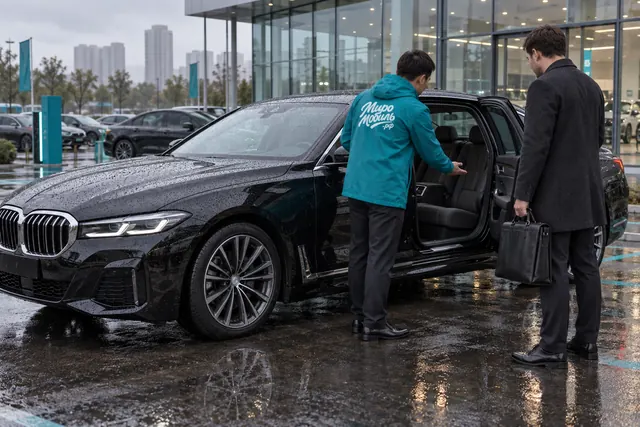 BMW из Китая: сотрудник МироМобиля открыл заднюю дверь длиннобазного чёрного седана BMW у дилера, рядом клиент с портфелем