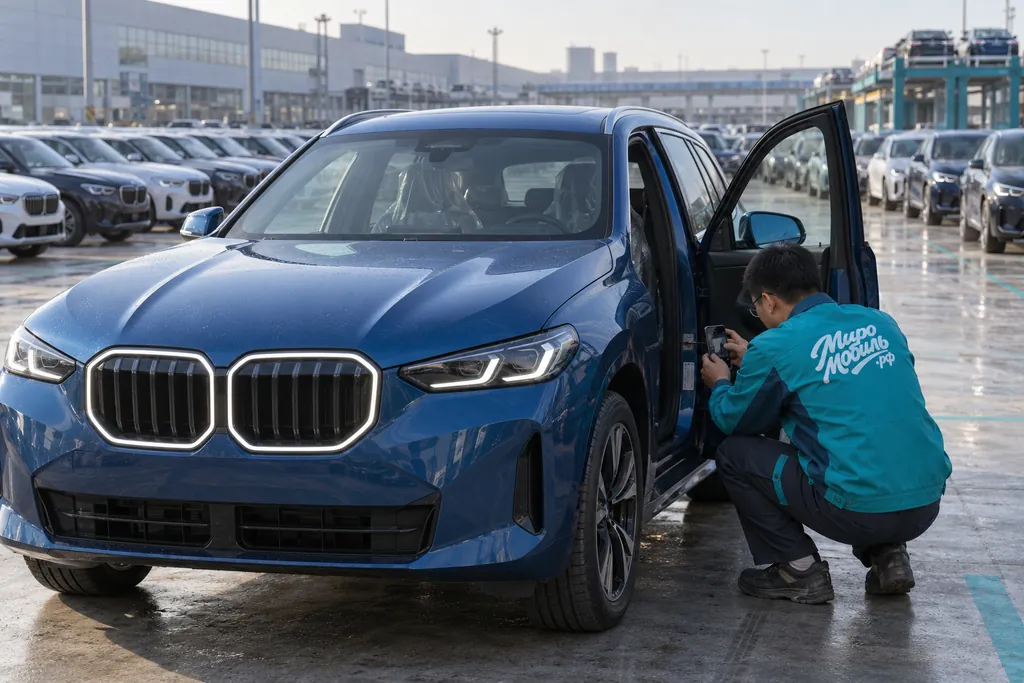 BMW X3: сотрудник МироМобиля фотографирует заводскую табличку синего кроссовера у завода в Китае