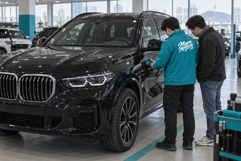BMW X5: сотрудник МироМобиля проверяет толщиномером краску чёрного кроссовера в Сеуле