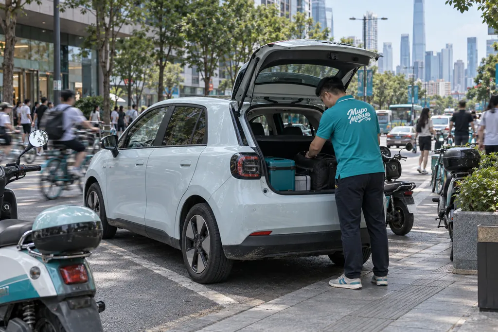 BYD Seagull: сотрудник МироМобиля заглядывает в багажник маленького белого электрохэтчбека на улице китайского города