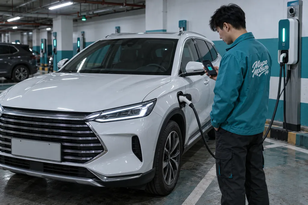 BYD Song Plus: сотрудник МироМобиля проверяет зарядку белого гибридного кроссовера на паркинге в Шэньчжэне