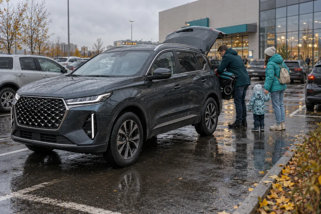 Chery Tiggo 7 Pro Max: семья укладывает коляску в багажник тёмно-серого кроссовера на парковке осенью