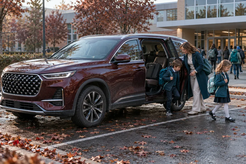 Chery Tiggo 8 Pro: мама высаживает детей с ранцами из бордового семиместного кроссовера у школы
