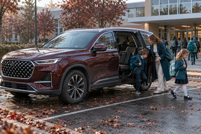 Chery Tiggo 8 Pro: мама высаживает детей с ранцами из бордового семиместного кроссовера у школы
