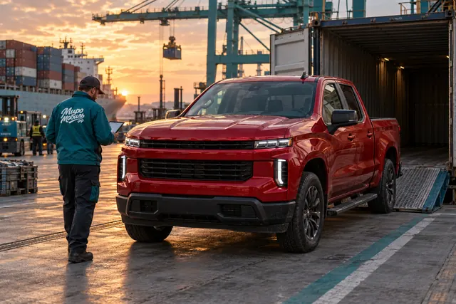 Chevrolet Silverado из США: сотрудник МироМобиля с планшетом у красного пикапа, выгруженного из контейнера в порту