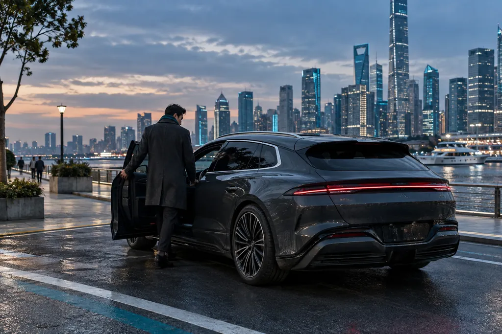 Denza Z9 GT: мужчина садится в тёмно-серый универсал на набережной вечернего китайского города