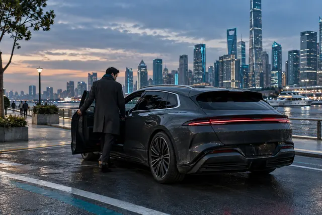 Denza Z9 GT: мужчина садится в тёмно-серый универсал на набережной вечернего китайского города