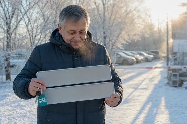 Документы для постановки авто из Японии на учёт: мужчина на морозной площадке держит новые номера и ключ с биркой