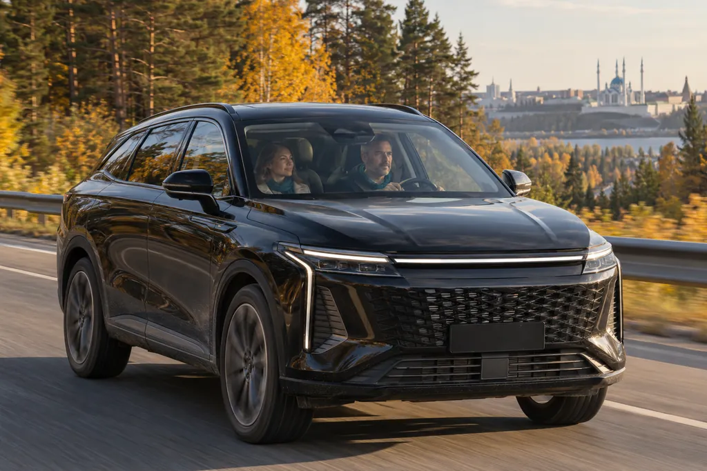 Exeed RX: чёрный кроссовер едет по осенней трассе через лес под Казанью