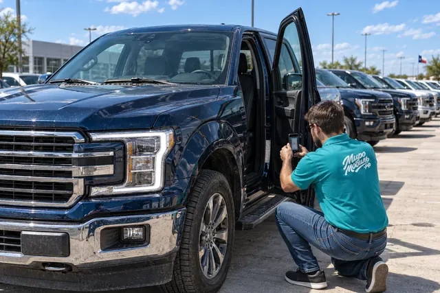 Ford F-150 из США: сотрудник МироМобиля снимает VIN синего пикапа на площадке дилера в Техасе