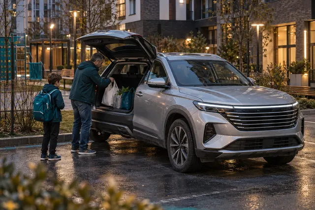 Geely Atlas: мужчина убирает покупки в багажник серебристого кроссовера во дворе жилого комплекса вечером