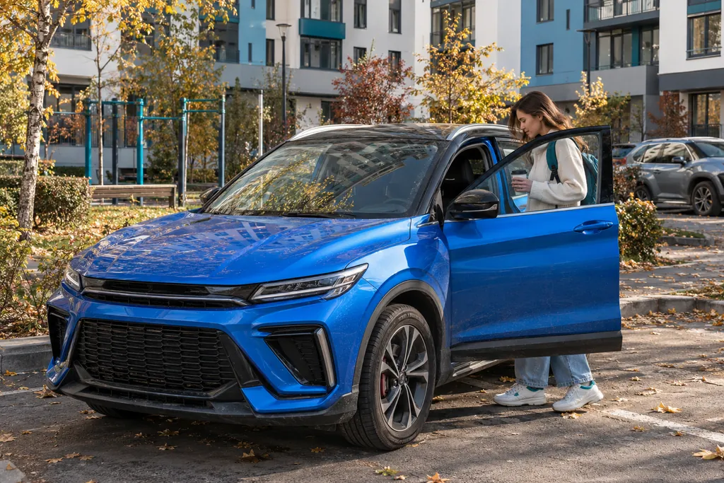 Geely Coolray: девушка садится за руль синего компактного кроссовера во дворе новостройки