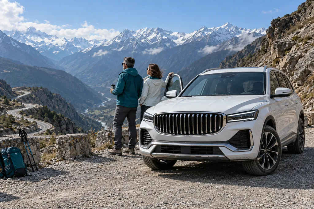 Geely Monjaro: белый кроссовер на смотровой площадке горного серпантина, пара смотрит на горы