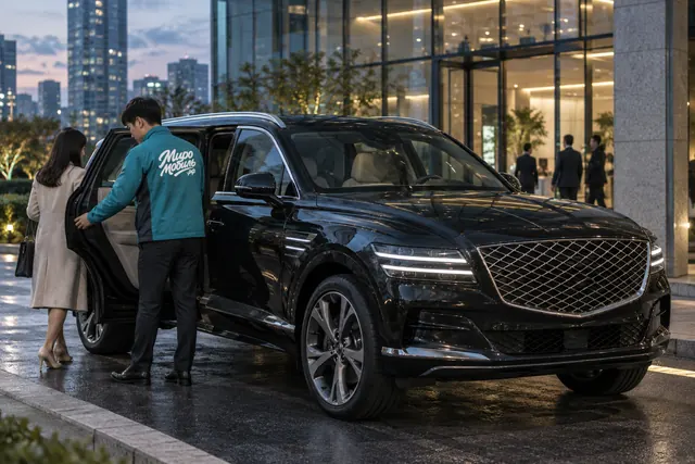 Genesis GV80: сотрудник МироМобиля открывает клиенту заднюю дверь чёрного кроссовера у офисного центра в Сеуле