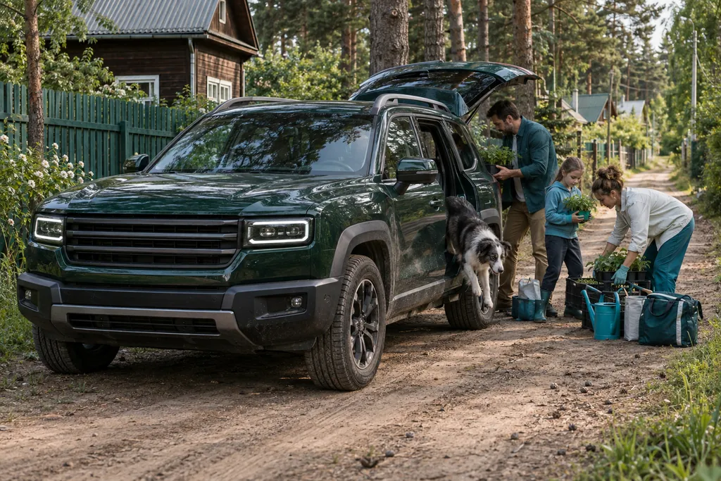Haval Dargo: семья выгружает рассаду из багажника тёмно-зелёного кроссовера на даче