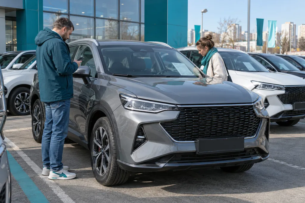 Haval F7: покупатель сравнивает цены у серого кроссовера на площадке дилера
