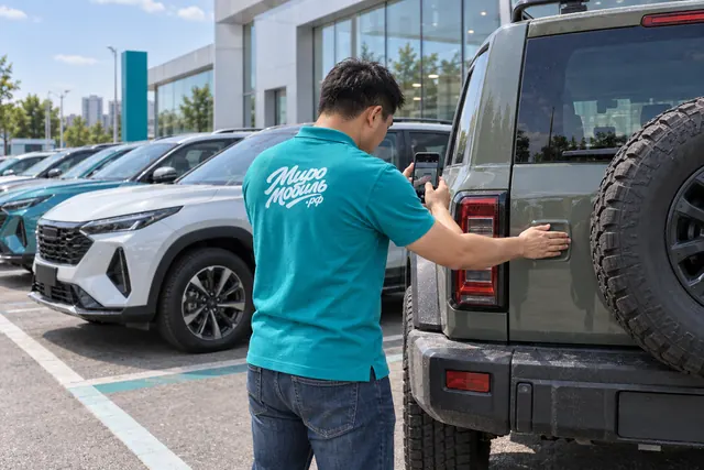 Haval из Китая: сотрудник МироМобиля снимает на телефон внедорожник с запаской на задней двери у дилерского центра