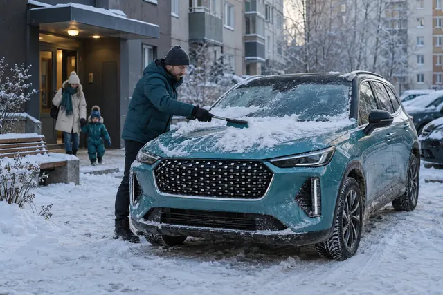 Haval Jolion: мужчина счищает снег с компактного кроссовера во дворе многоэтажки зимой