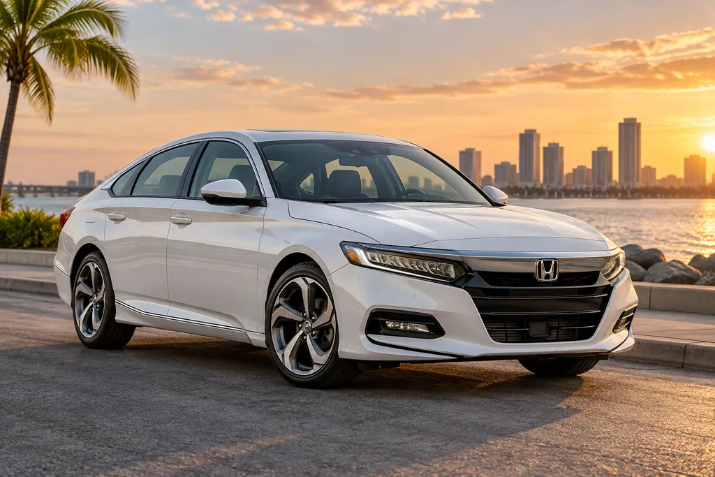 Белый седан Honda Accord на набережной