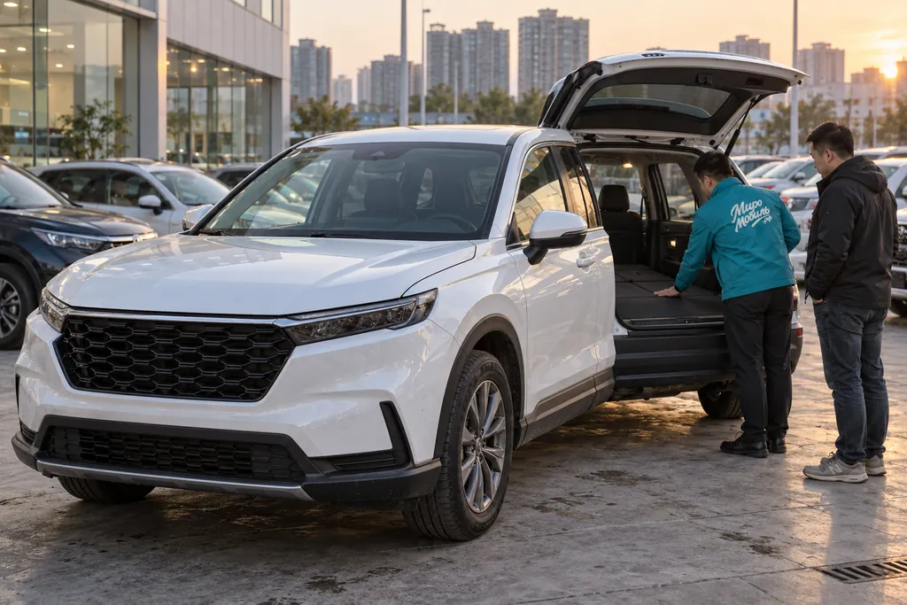 Honda CR-V: сотрудник МироМобиля показывает клиенту багажник белого кроссовера у дилера в Китае