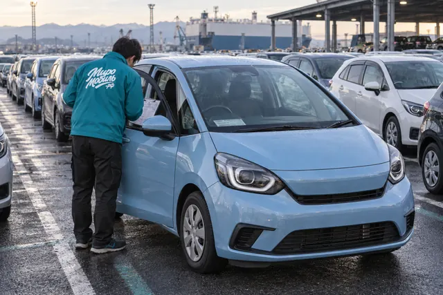 Honda Fit: сотрудник МироМобиля осматривает голубой праворульный хэтчбек на японском аукционе