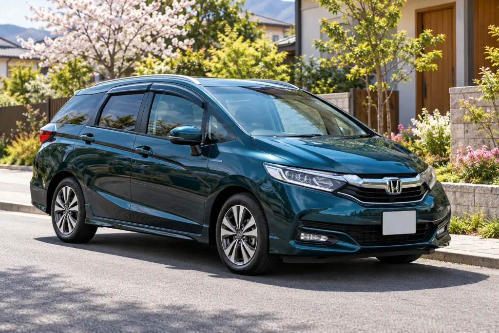 Тёмно-бирюзовый универсал Honda Shuttle у сада