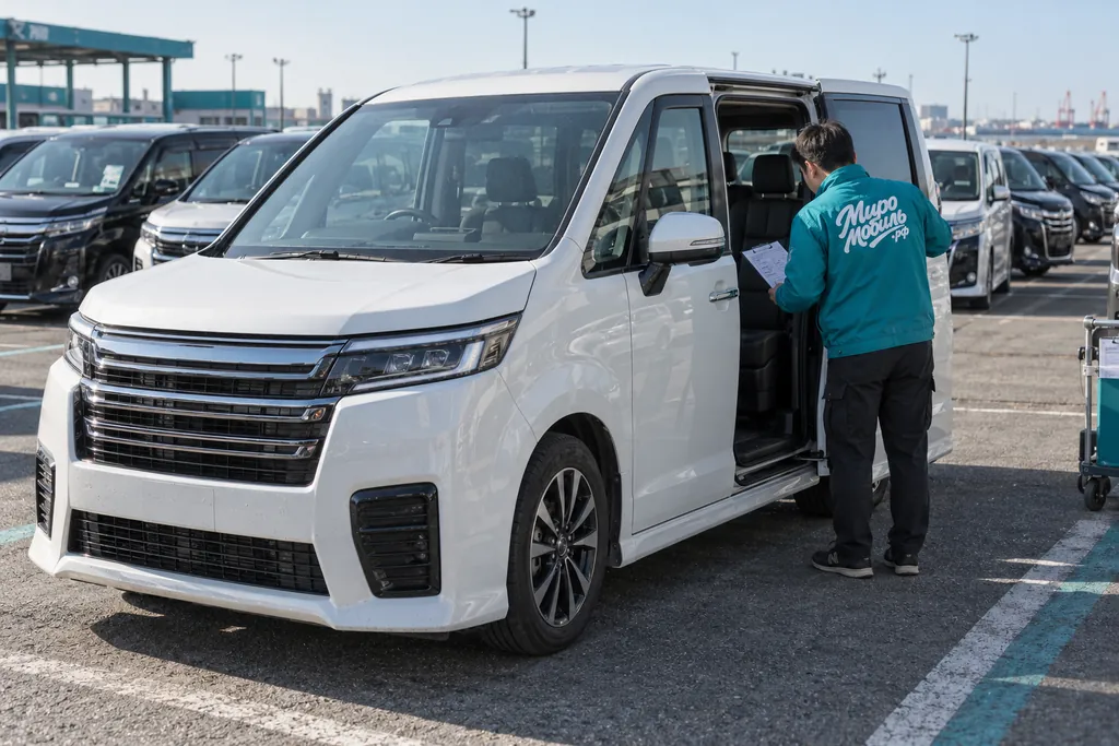 Honda Stepwgn Spada: сотрудник МироМобиля осматривает белый минивэн с открытой сдвижной дверью на японском аукционе