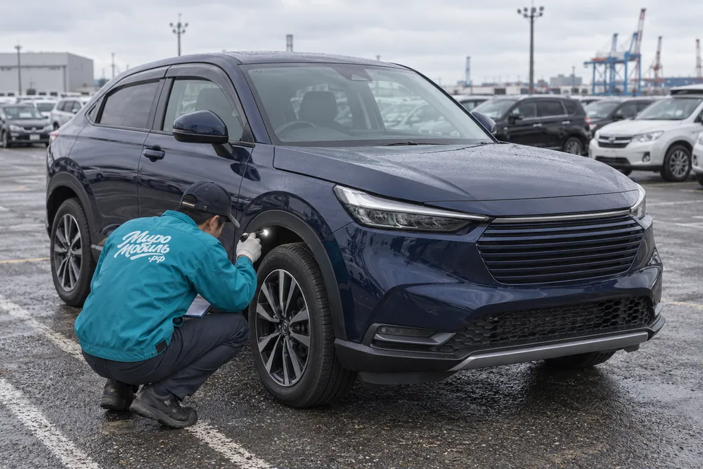 Honda Vezel: сотрудник МироМобиля проверяет колёсную арку тёмно-синего кроссовера на японском аукционе
