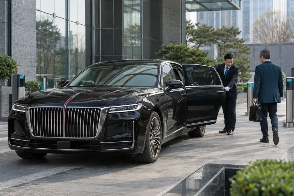 Hongqi H9: водитель открывает заднюю дверь чёрного представительского седана у офиса в Пекине
