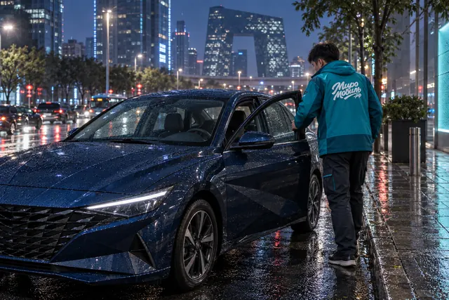 Hyundai Elantra из Китая: сотрудник МироМобиля открывает дверь синего седана с гранёными боковинами на улице Пекина