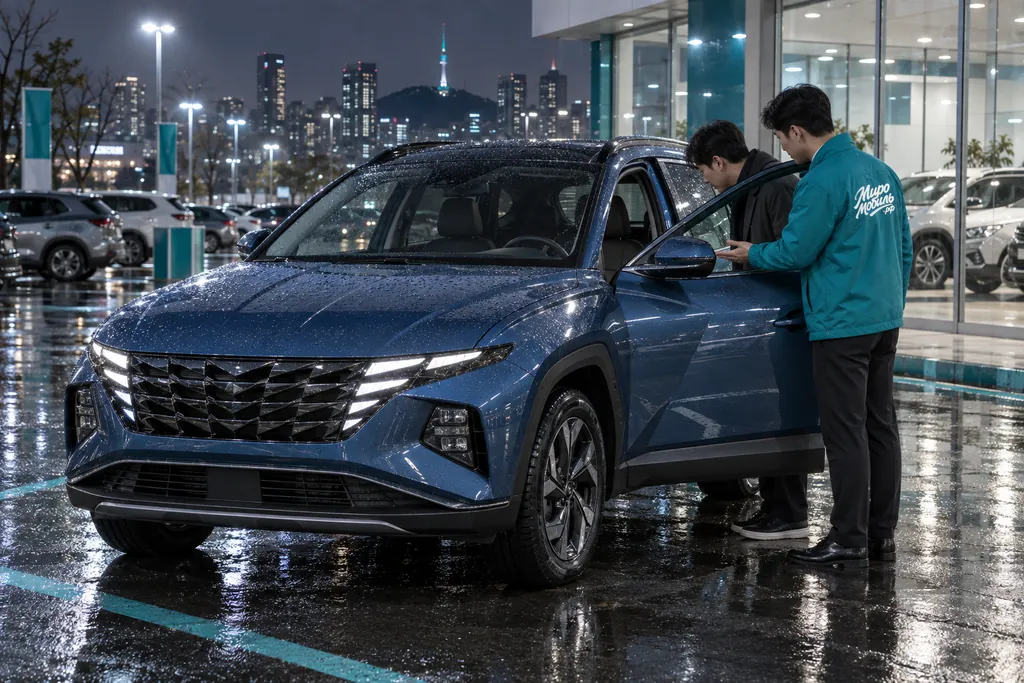 Hyundai из Кореи: сотрудник МироМобиля показывает клиенту салон синего Hyundai Tucson у дилера в Сеуле вечером