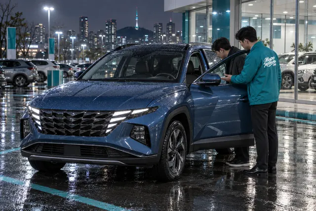 Hyundai из Кореи: сотрудник МироМобиля показывает клиенту салон синего Hyundai Tucson у дилера в Сеуле вечером