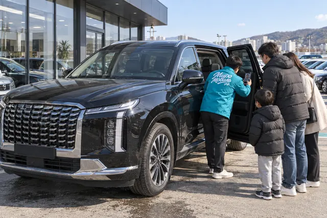 Hyundai Palisade: сотрудник МироМобиля показывает третий ряд чёрного кроссовера клиенту по видеосвязи