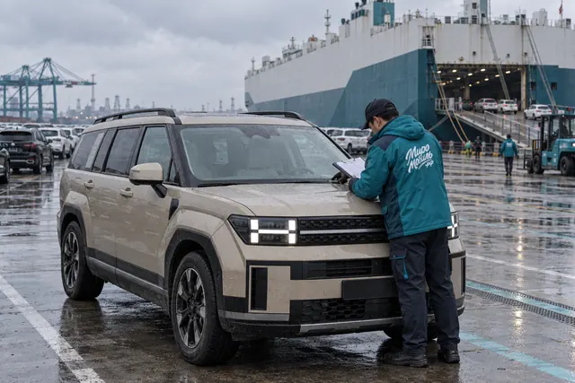 Hyundai Santa Fe: сотрудник МироМобиля сверяет номер кузова бежевого кроссовера в порту Инчхона