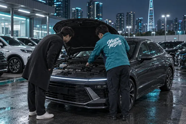 Hyundai Sonata: сотрудник МироМобиля показывает клиенту мотор тёмно-серого седана на площадке в Сеуле