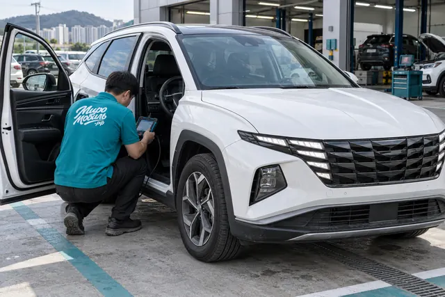 Hyundai Tucson: сотрудник МироМобиля подключает диагностический сканер к белому кроссоверу перед покупкой в Корее
